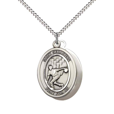Medium Bowling | Male Bowlers with St. Sebastian on back Sterling Silver Oval Medal Pendant with Rhodium-plated Chain, Deluxe Gift Box