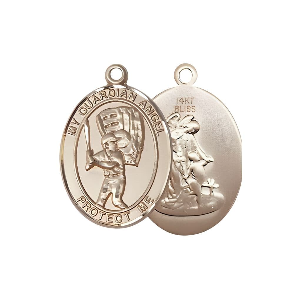 Bliss Guardian Angel Baseball 14kt Gold Oval Medal Pendant, Measures 3/4-inch tall by 1/2-inch wide.
