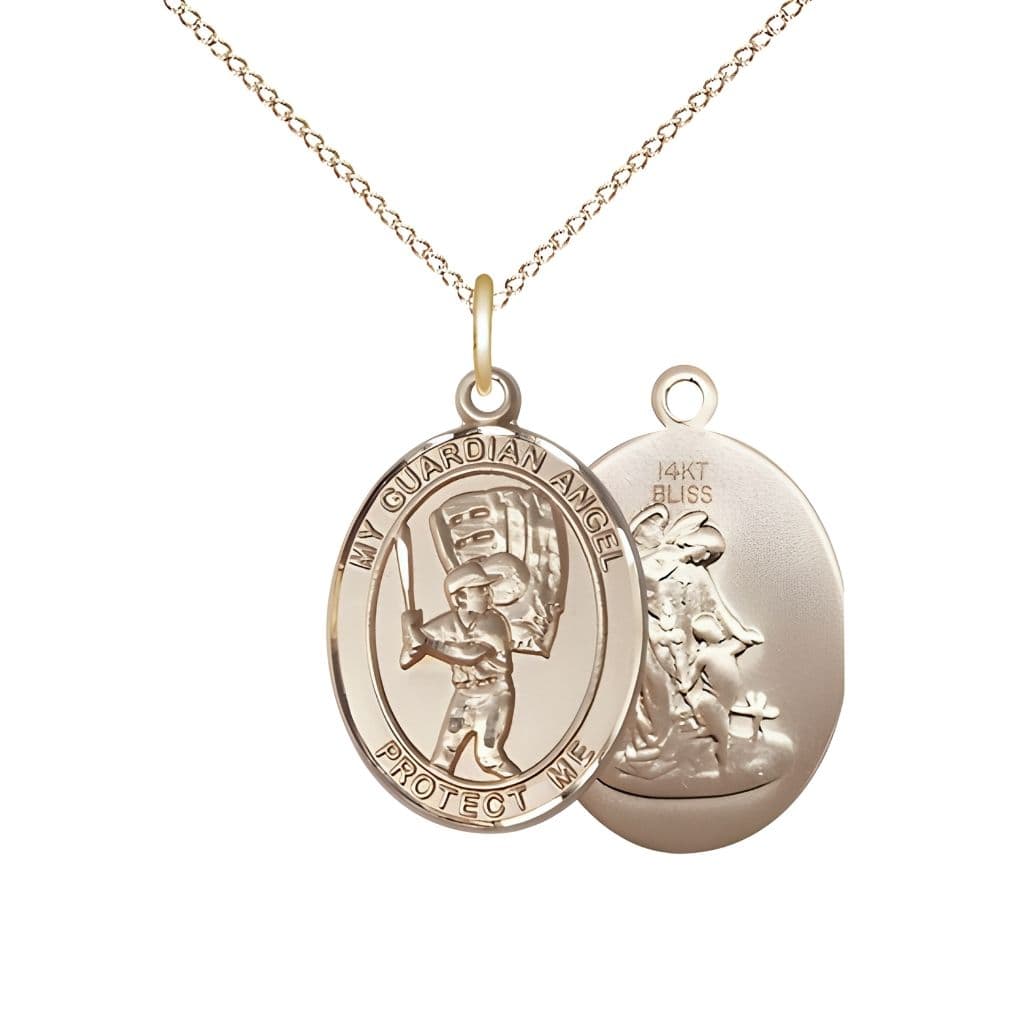 Bliss Guardian Angel Baseball 14kt Gold Oval Medal Pendant with 14kt Gold Chain, Measures 3/4-inch tall by 1/2-inch wide.