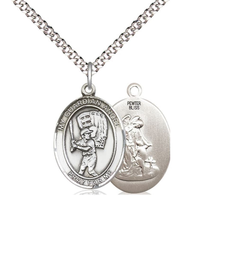 Bliss Guardian Angel Baseball Pewter Oval Engravable Medium Medal Necklace with Chain,