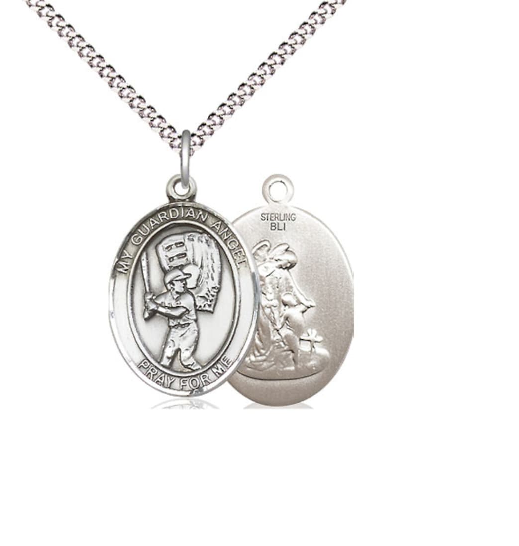 Bliss Guardian Angel Baseball Sterling Silver Oval Medium Medal Necklace with Plated Chain,