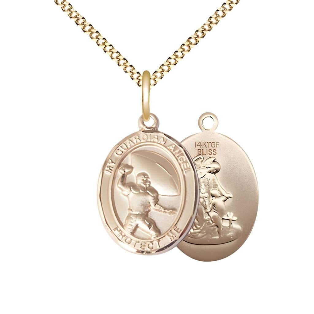 Bliss Guardian Angel Football 14kt Gold-filled Oval Medal Pendant with Gold-plated Chain, Measures 3/4-inch tall by 1/2-inch wide.