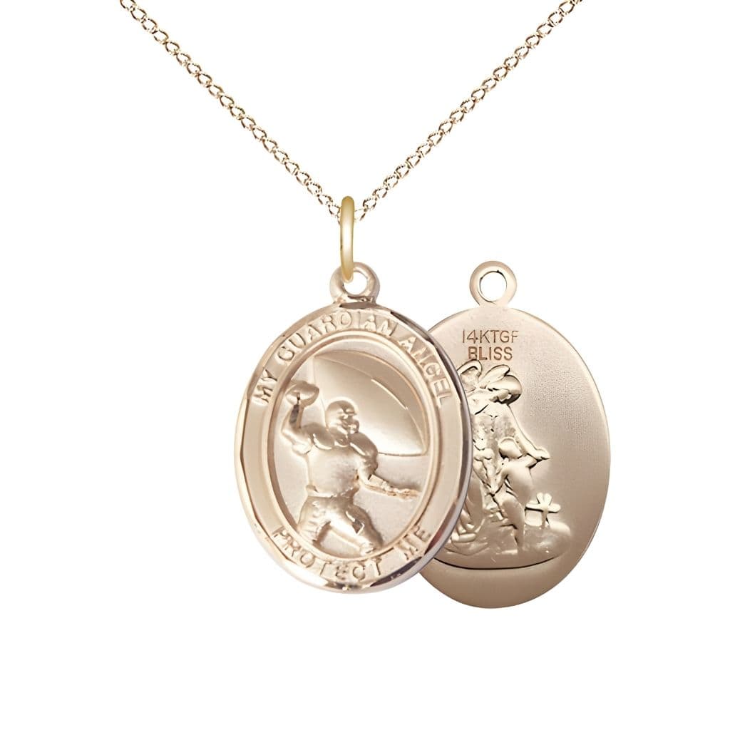 Bliss Guardian Angel Football 14kt Gold-filled Oval Medal Pendant with Gold-filled Chain, Measures 3/4-inch tall by 1/2-inch wide.