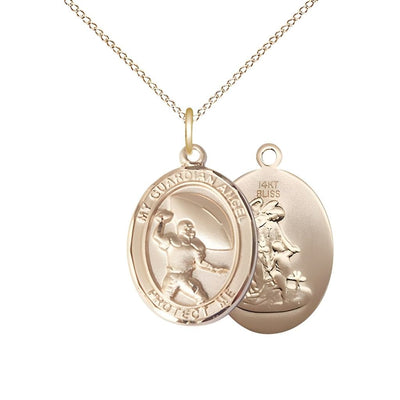 Guardian Angel Football 14kt Gold Oval Medal Pendant with 14kt Gold Chain, Measures 3/4-inch tall by 1/2-inch wide, Bliss Manufacturing