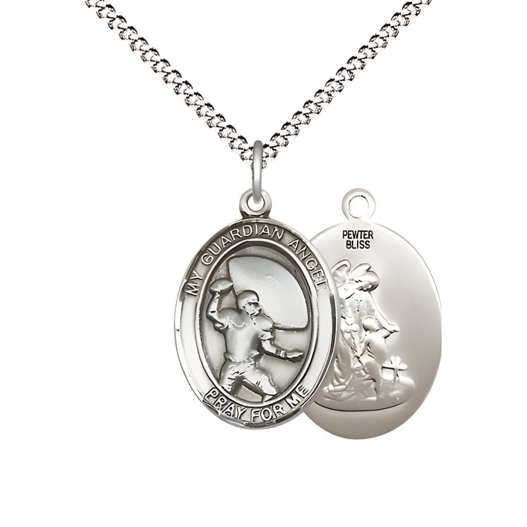 Bliss Guardian Angel Football Pewter Oval Medal Pendant with Rhodium-plated Chain, Measures 3/4-inch tall by 1/2-inch wide.