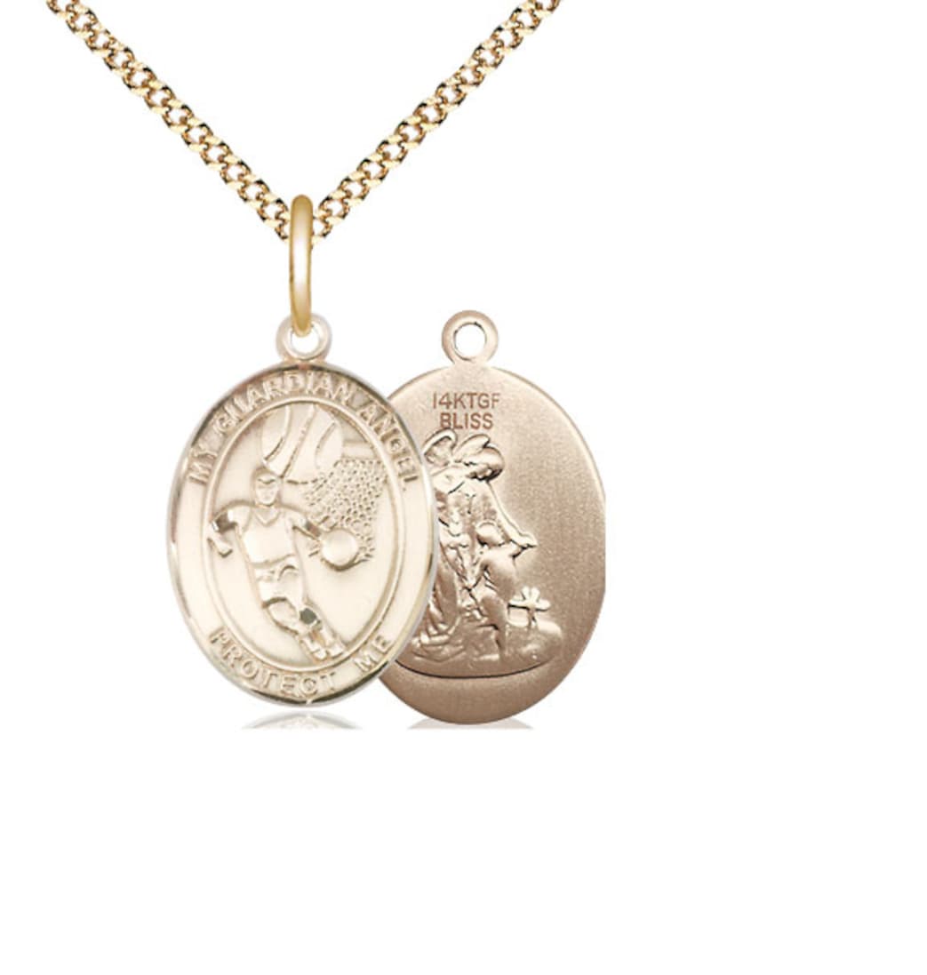 Bliss Guardian Angel Basketball Gold-filled Oval Engravable Medium Medal Necklace with Plated Chain,