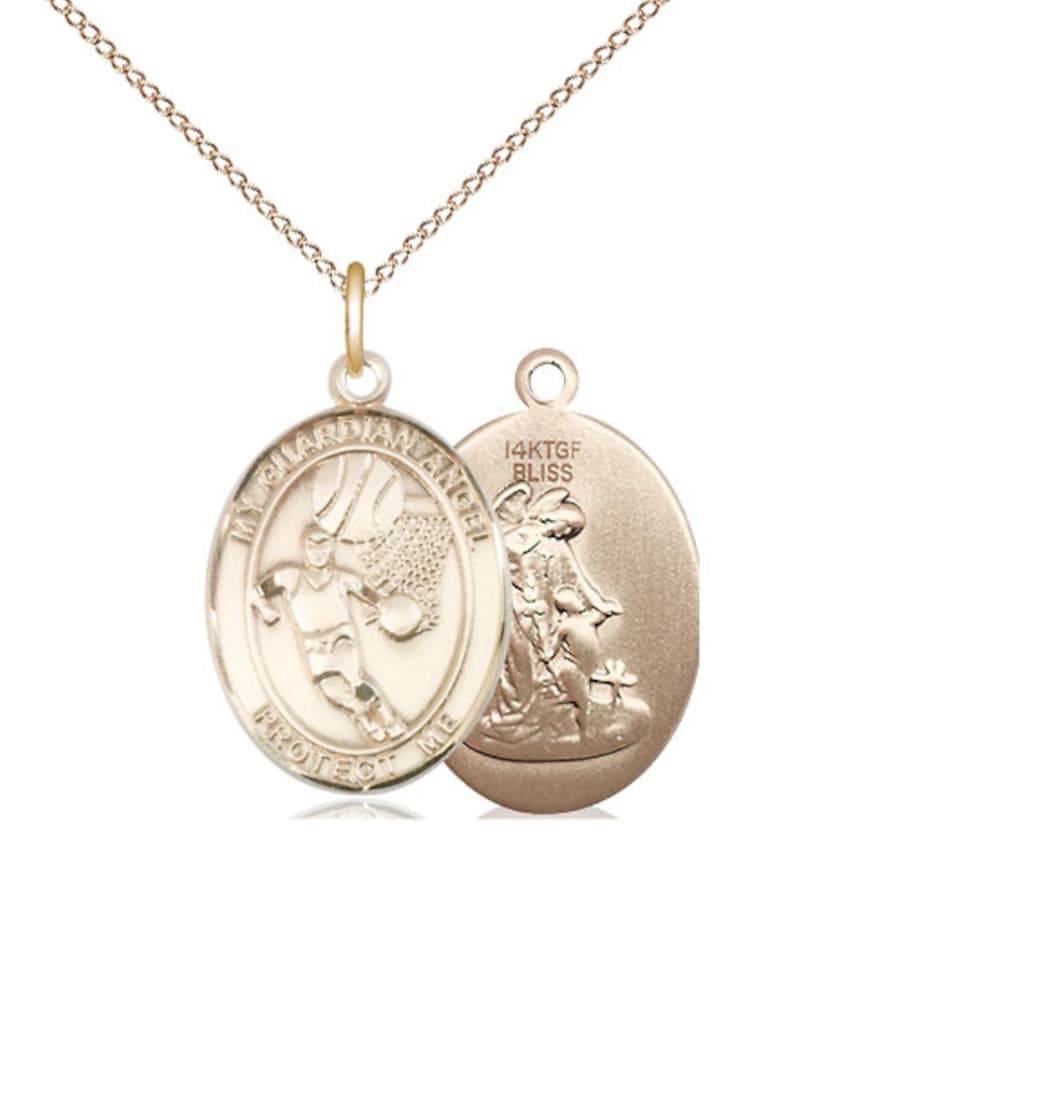 Bliss Guardian Angel Basketball Gold-filled Oval Engravable Medium Medal Necklace with Gold-filled Chain,