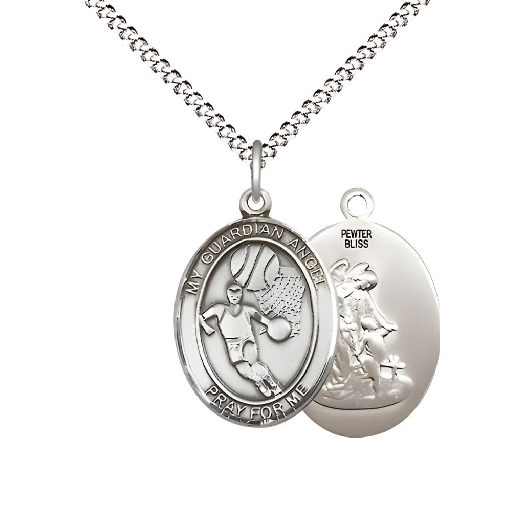 Bliss Guardian Angel Basketball Pewter Oval Medal Pendant with Rhodium-plated Chain, Measures 3/4-inch tall by 1/2-inch wide.