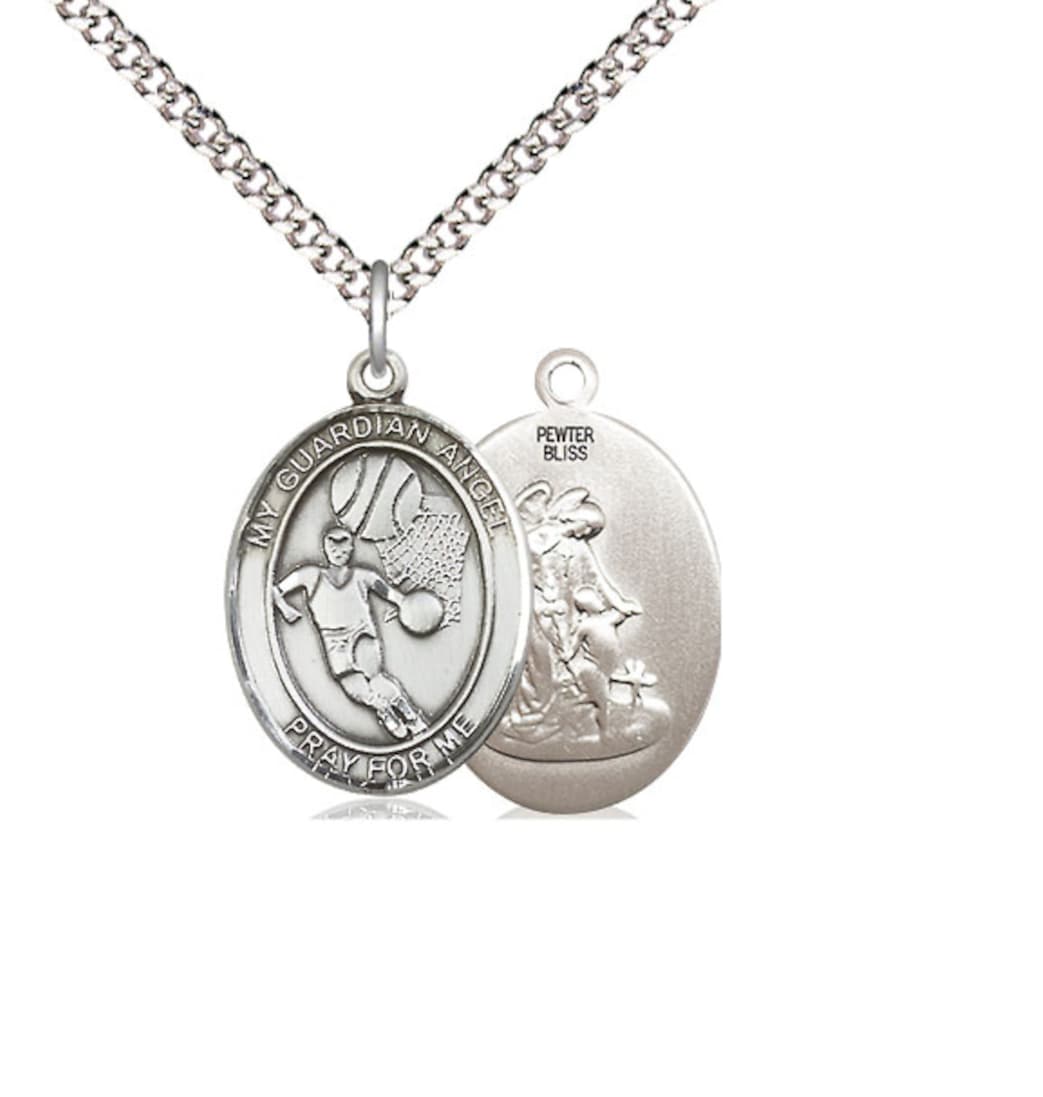 Bliss Manufacturing Medium Guardian Angel Basketball Pewter Oval Engravable Medal Necklace,