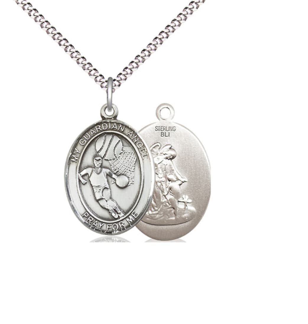 Bliss Guardian Angel Basketball Sterling Silver Oval Medium Medal Necklace with Plated Chain,