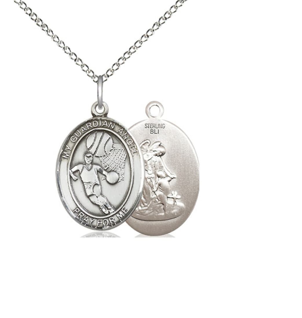 Bliss Guardian Angel Basketball Sterling Silver Oval Large Medal Necklace with Sterling Chain,