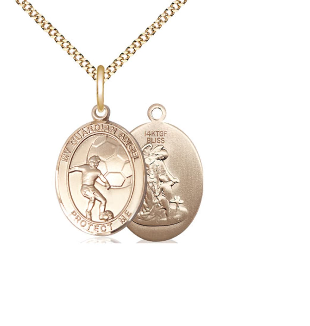 Bliss Medium Guardian Angel Soccer Gold-filled Oval Engravable Medal Necklace with Plated Chain,