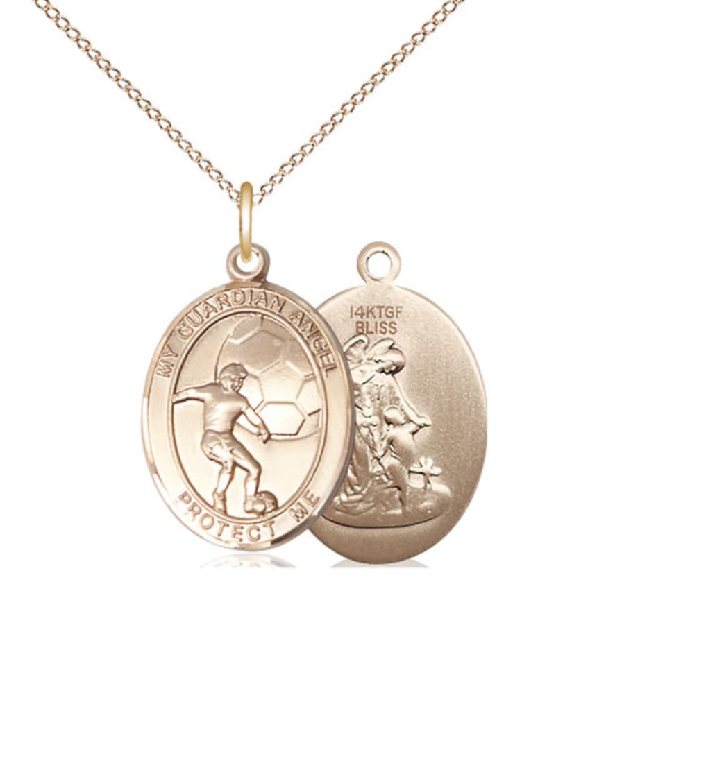 Bliss Medium Guardian Angel Soccer Gold-filled Oval Engravable Medal Necklace with Gold-filled Chain,