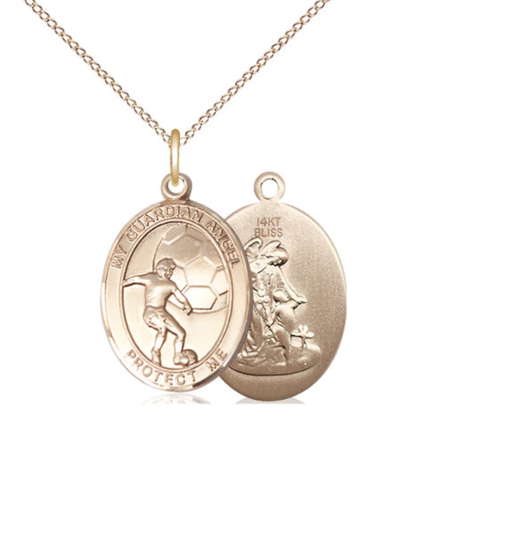 medium bliss manufacturing guardian angel soccer 14kt gold oval medal with 14kt gold chain,