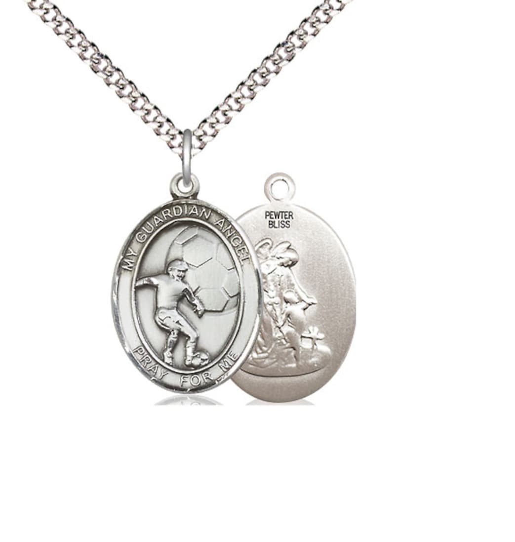 8703PW Medium Bliss Guardian Angel Soccer Pewter Oval Engravable Medal Necklace,