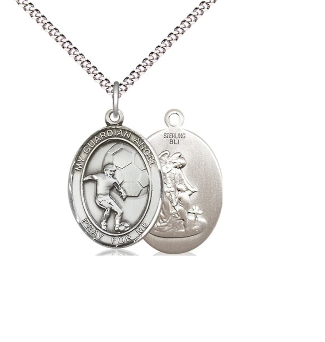 Medium Bliss Guardian Angel Soccer Sterling Silver Oval Medal Necklace with Plated Chain,