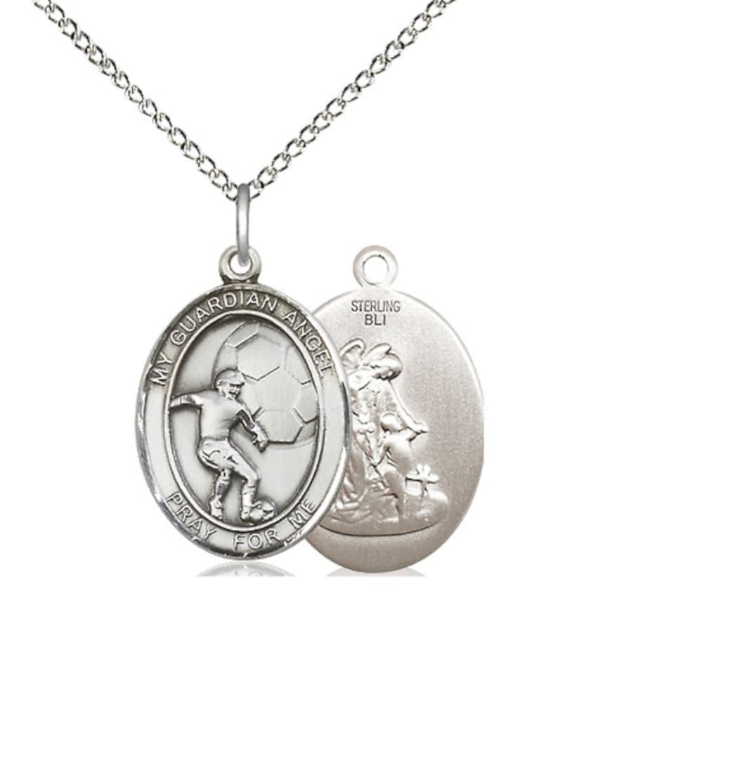 Medium bliss guardian angel soccer sterling silver oval medal necklace with sterling chain,