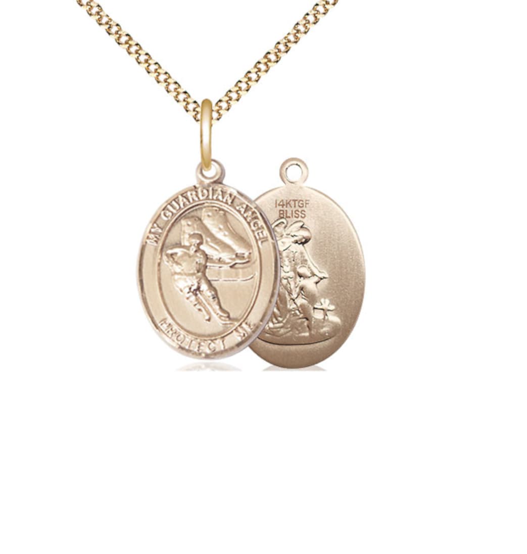 Bliss Guardian Angel Ice Hockey Gold-filled Oval Engravable Medium Medal Necklace with Plated Chain,