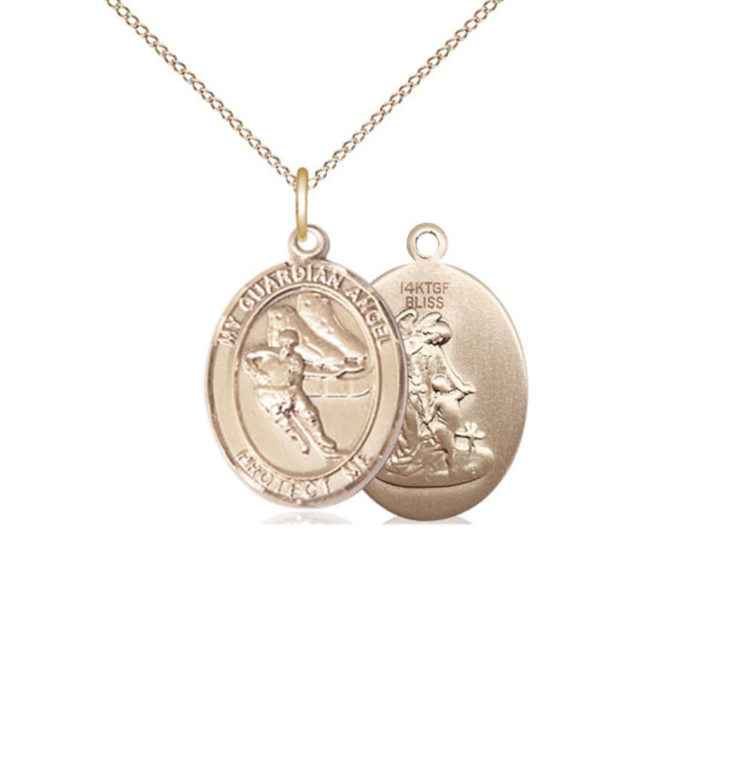 Bliss Guardian Angel Ice Hockey Gold-filled Oval Engravable Medium Medal Necklace with Gold-filled Chain,