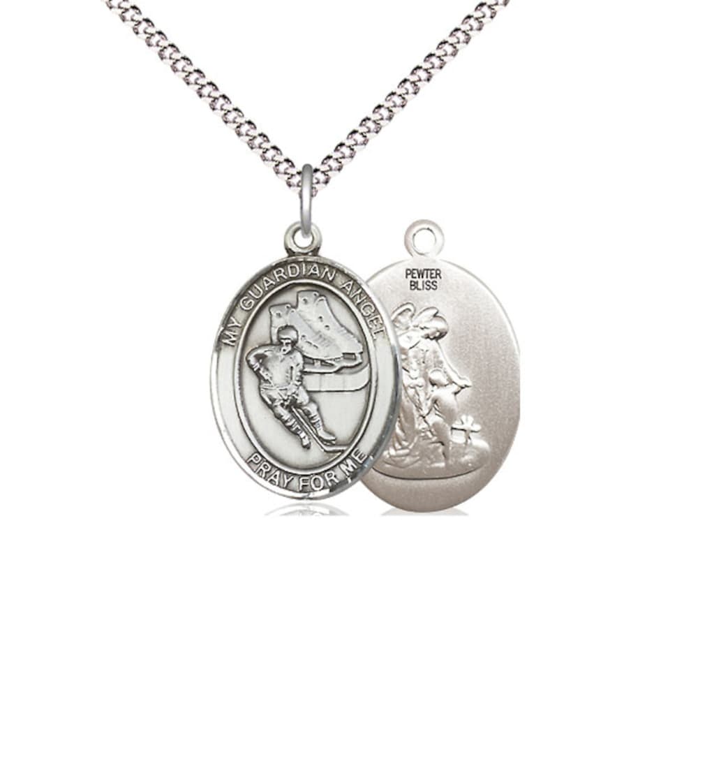 Bliss Medium Guardian Angel Ice Hockey Pewter Oval Engravable Medal Necklace,