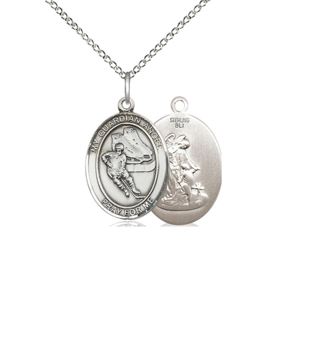 Medium Bliss Guardian Angel Ice Hockey Sterling Silver Oval Medal Necklace with Sterling Chain,