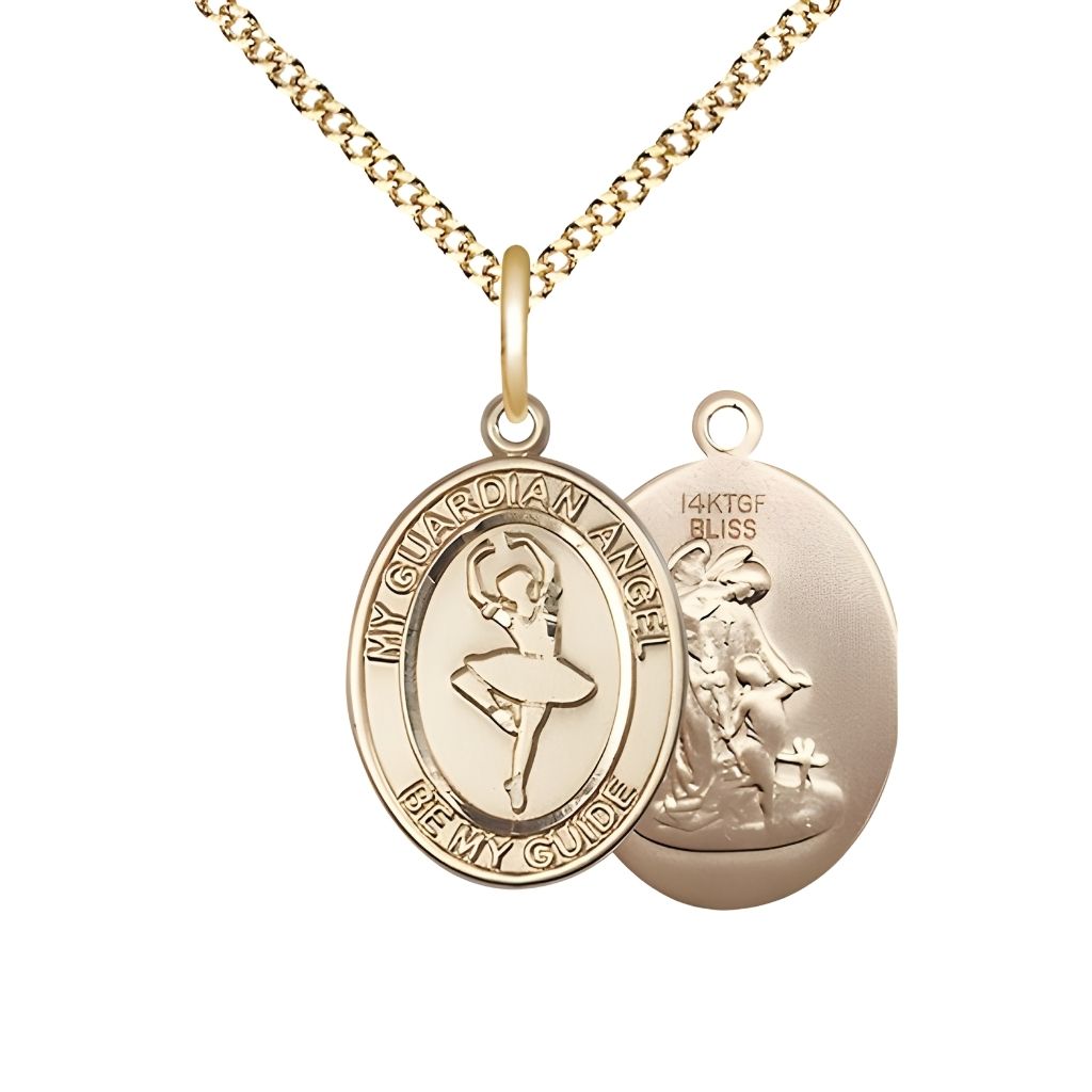 Bliss Guardian Angel Dance 14kt Gold-filled Oval Medal with Gold-plated Chain, Measures 3/4-inch tall by 1/2-inch wide.