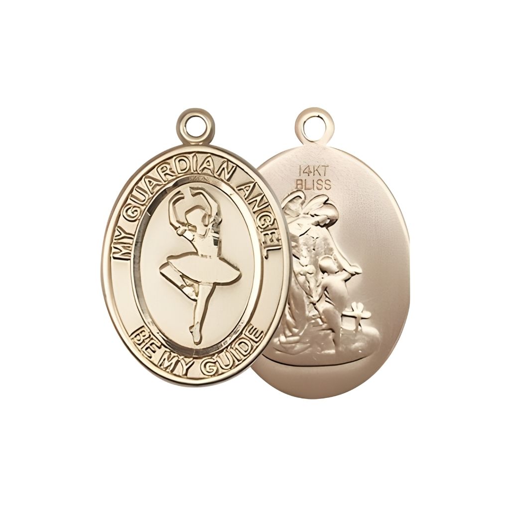 Bliss Guardian Angel Dance 14kt Gold Oval Medal, Measures 3/4-inch tall by 1/2-inch wide.
