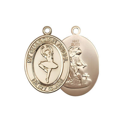 Guardian Angel Dance 14kt Gold Oval Medal, Measures 3/4-inch tall by 1/2-inch wide, Bliss Manufacturing