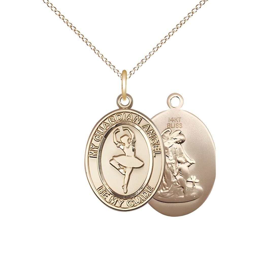Bliss Guardian Angel Dance 14kt Gold Oval Medal with 14kt Gold Chain, Measures 3/4-inch tall by 1/2-inch wide.