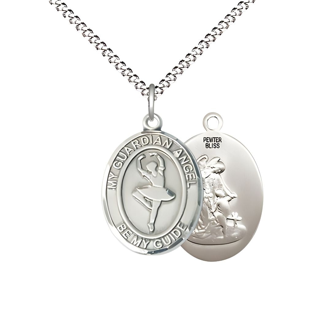Bliss Guardian Angel Dance Pewter Oval Medal with plated Chain, Measures 3/4-inch tall by 1/2-inch wide.