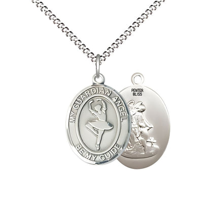 Guardian Angel Dance Pewter Oval Medal with plated Chain, Measures 3/4-inch tall by 1/2-inch wide, Bliss Manufacturing