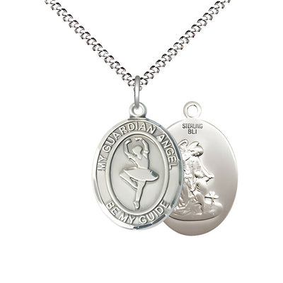 Guardian Angel Dance Sterling Silver Oval Medal with plated Chain, Measures 3/4-inch tall by 1/2-inch wide, Bliss Manufacturing