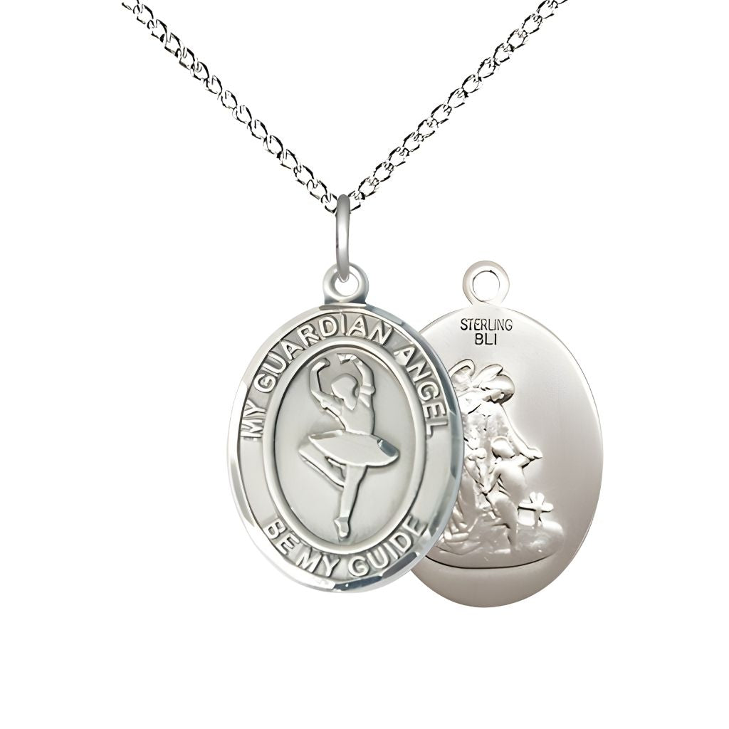 Bliss Guardian Angel Dance Sterling Silver Oval Medal with Sterling Chain, Measures 3/4-inch tall by 1/2-inch wide.