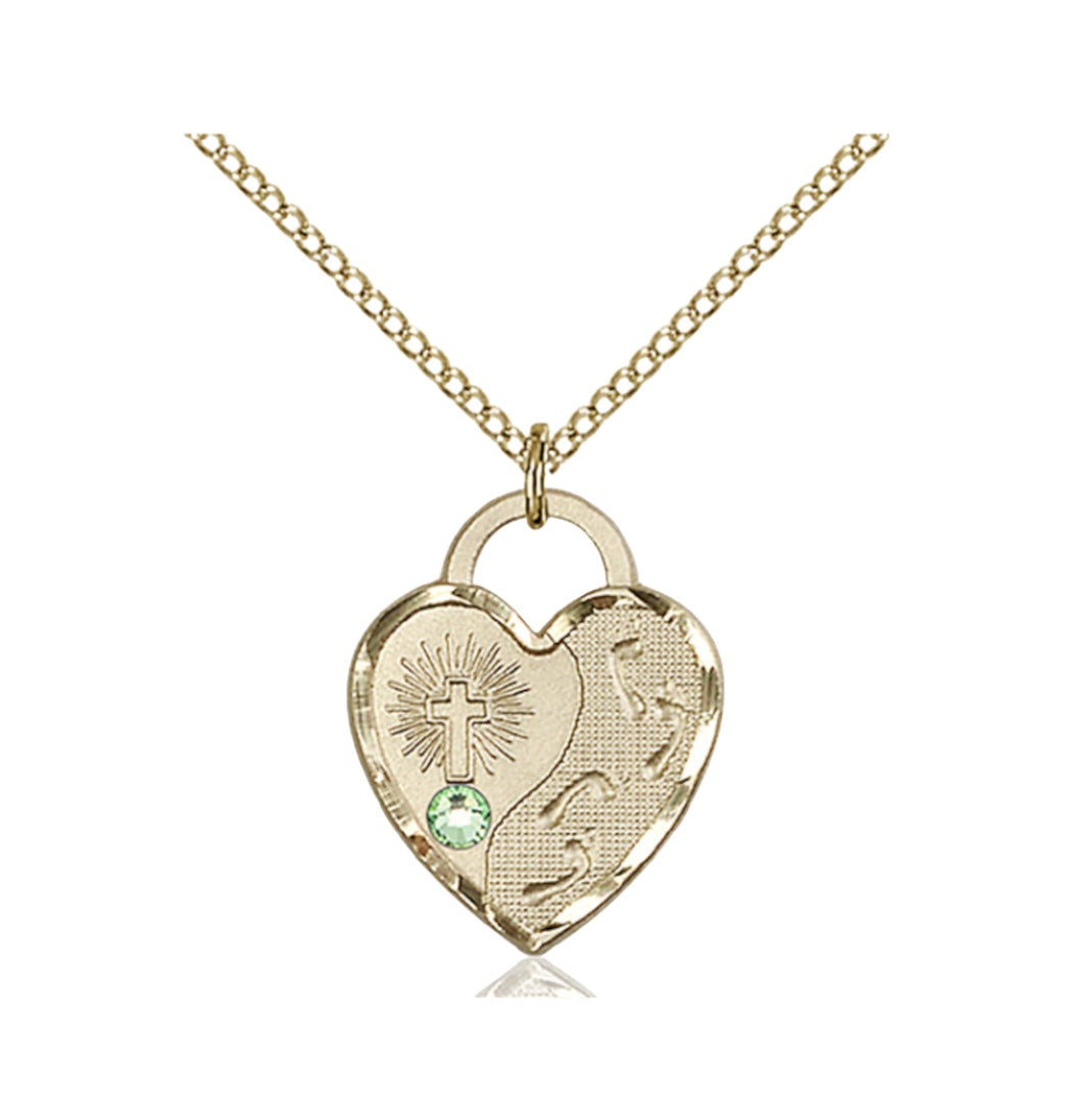 Peridot Birthstone Gold-filled Footprints Heart Pendant w/Austrian Crystal