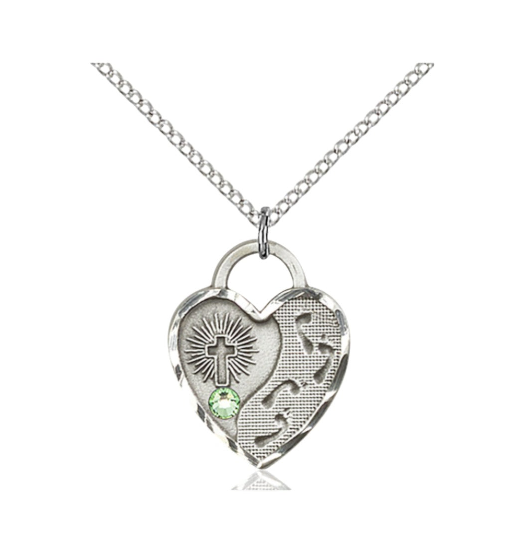 Aug Peridot  Birthstone Sterling Silver Footprints Heart Pendant w/Austrian Crystal