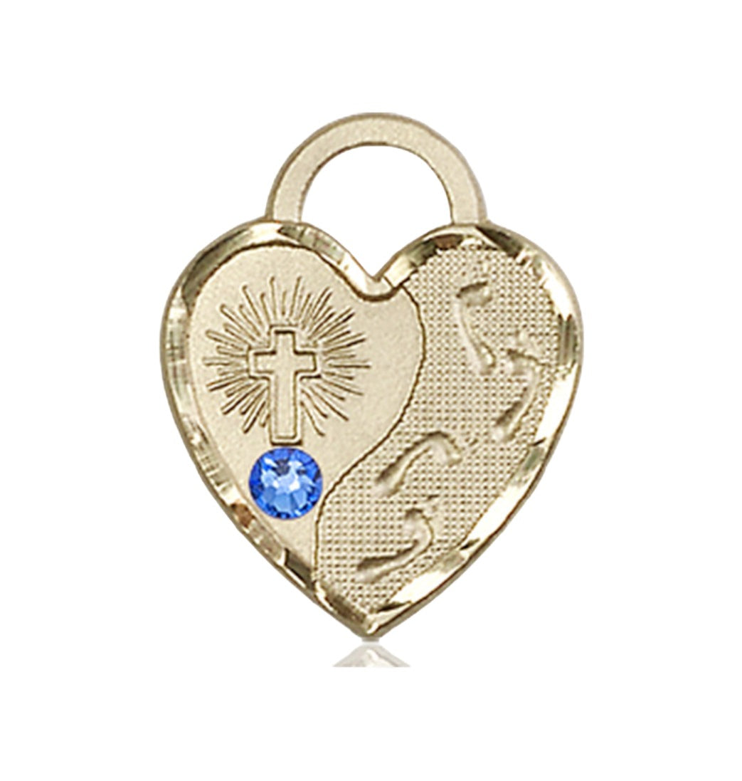 Sapphire Birthstone 14kt Gold Footprints Heart Pendant w/Austrian Crystal