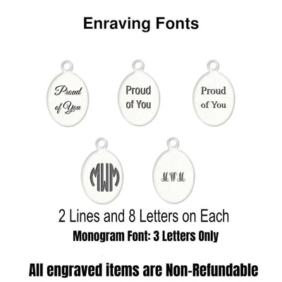 Engraving reference for 9000 Series medals showing back views with a sample personalized message. Engraving supports 2 lines with up to 8 letters per line. Five font styles to choose from: Roman, Script, Block, Circle Monogram, and Monogram (3 letters only).