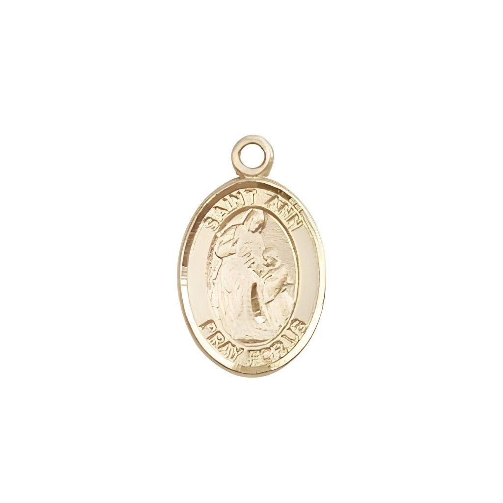 Bliss St. Ann 14kt Gold Oval Small Children Medal, Measures 1/2-inch tall by 1/4-inch wide. Deluxe Gift Box.