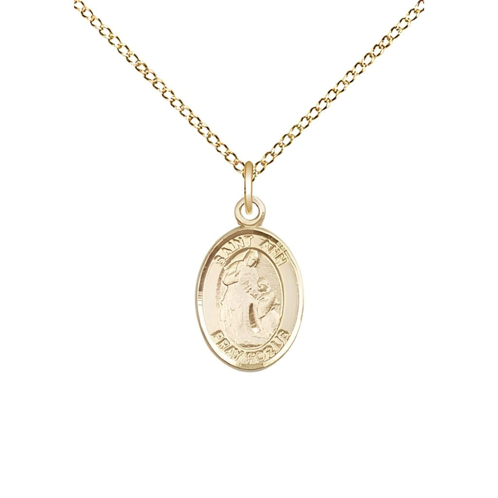 Bliss St. Ann 14kt Gold Oval Small Children Medal with 14kt Gold Chain, Measures 1/2-inch tall by 1/4-inch wide. Deluxe Gift Box.