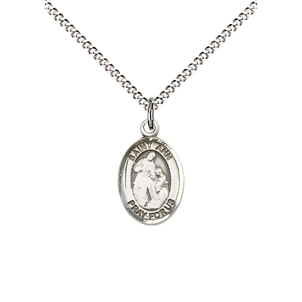 Bliss St. Ann Engravable Small Children Pewter Medal with Rhodium-plated Chain, Measures 1/2-inch tall by 1/4-inch wide. Deluxe Gift Box.