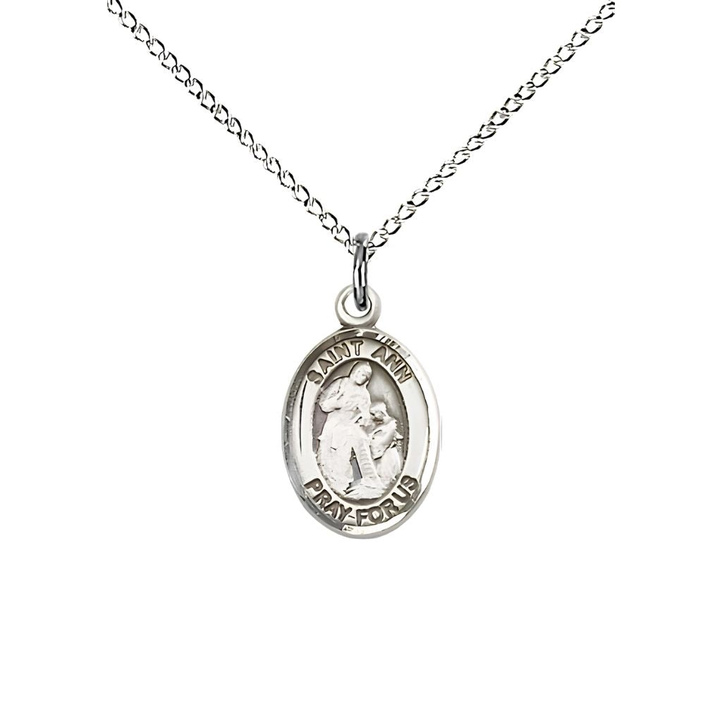 Bliss St. Ann Engravable Small Children Sterling Silver Medal with Sterling Chain, Measures 1/2-inch tall by 1/4-inch wide. Deluxe Gift Box.