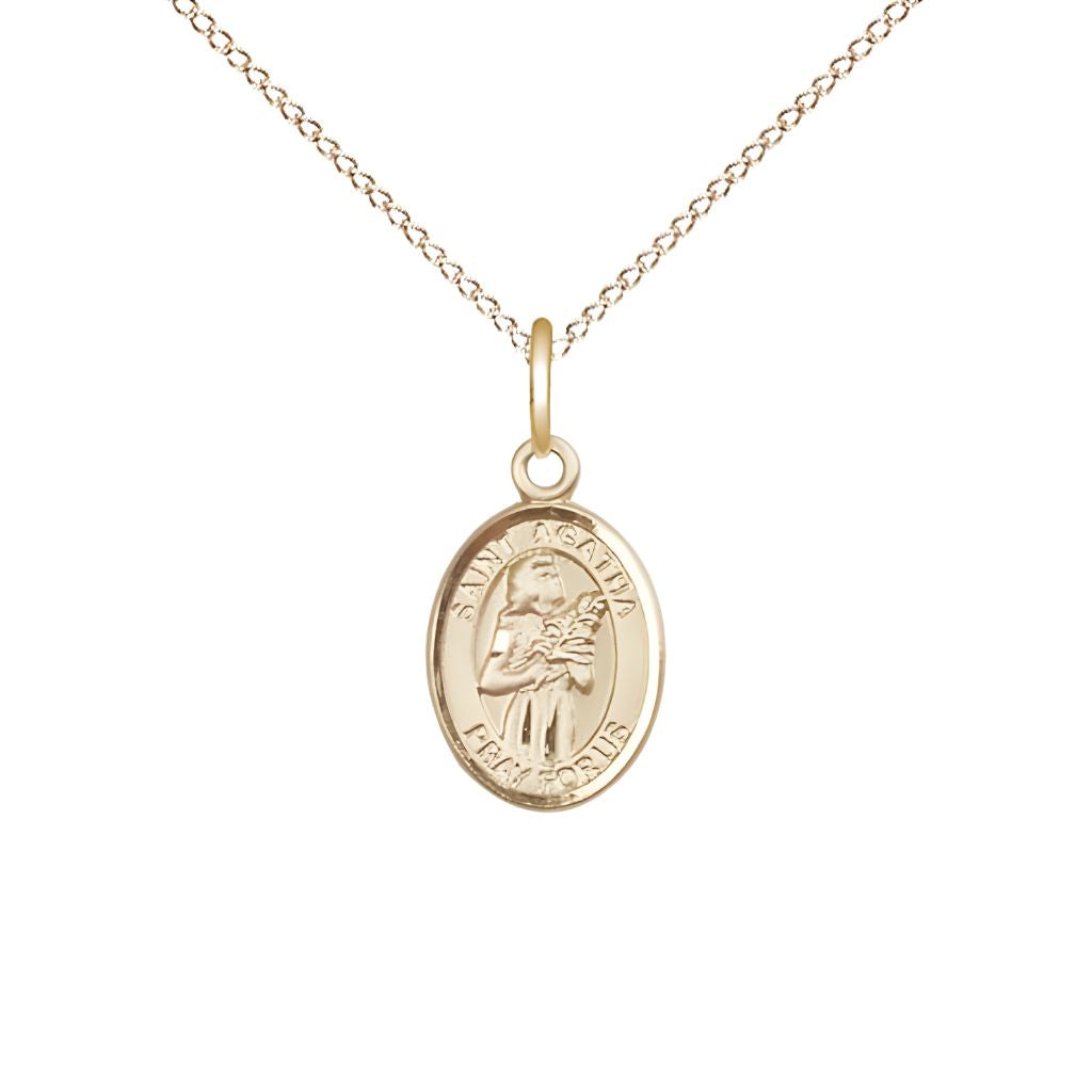 St. Agatha 14kt Gold Oval Small Children Medal with 14kt Gold Chain, Deluxe Gift Box