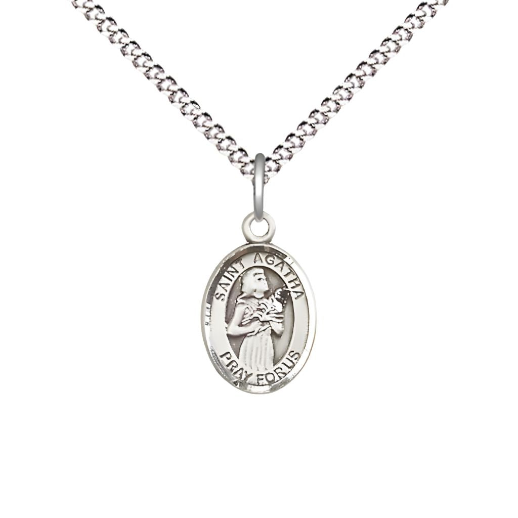 St. Agatha Small Children Pewter Medal with Rhodium-plated Chain, Deluxe Gift Box