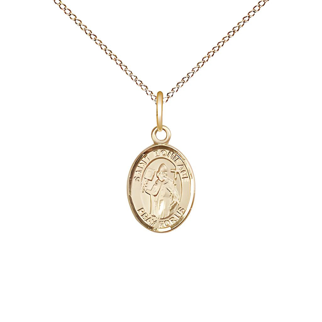 St. Boniface Engravable 14kt Gold 1/2" x 1/4" Medal with 14kt Gold Chain in Gift Box, Made in USA by Bliss