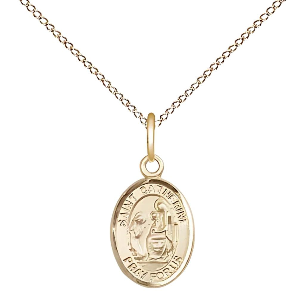 Bliss St. Catherine of Siena Engravable 14kt Gold Charm with 14kt Gold Chain, Measures 1/2-inch tall by 1/4-inch wide