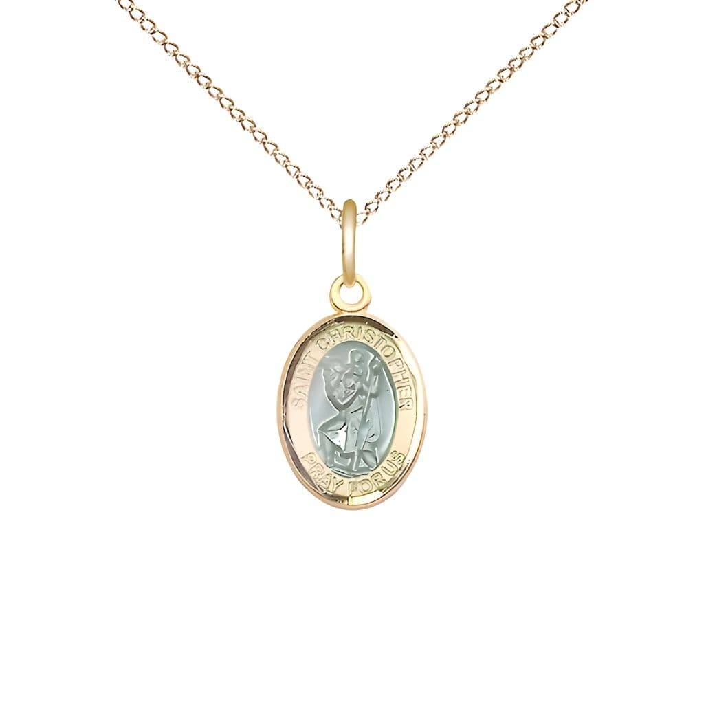 Bliss St. Christopher Blue Epoxy 14kt Gold-filled Oval Small Children Medal with Gold-filled Chain, Measures 1/2-inch tall by 1/4-inch wide.