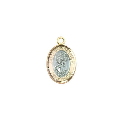 St. Christopher Blue Epoxy 14kt Gold Oval Small Children Medal, Measures 1/2-inch tall by 1/4-inch wide, Bliss Manufacturing