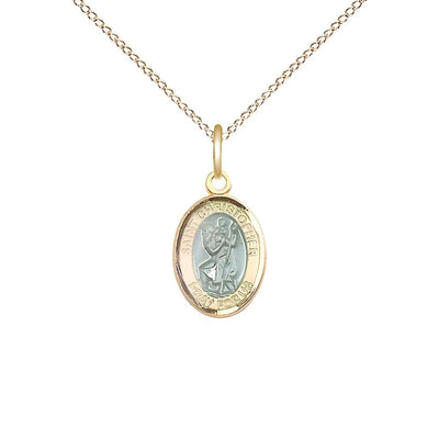 St. Christopher Blue Epoxy 14kt Gold Oval Small Children Medal with 14kt Gold Chain, Measures 1/2-inch tall by 1/4-inch wide, Bliss Manufacturing