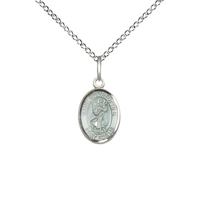 St. Christopher Blue Epoxy Engravable Small Children Sterling Silver Medal with Sterling Chain, Measures 1/2-inch tall by 1/4-inch wide, Bliss Manufacturing