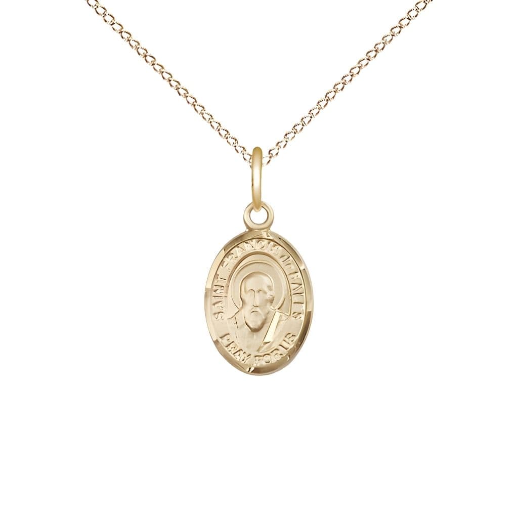Bliss St. Francis de Sales 14kt Gold-filled Oval Small Children Medal with Gold-filled Chain, Measures 1/2-inch tall by 1/4-inch wide.